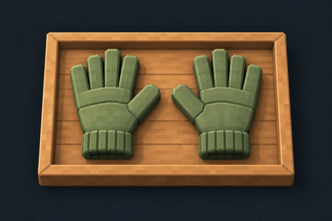 Two matching sage gloves lie palm side up on an oak tray, with their thumbs pointing toward each other.