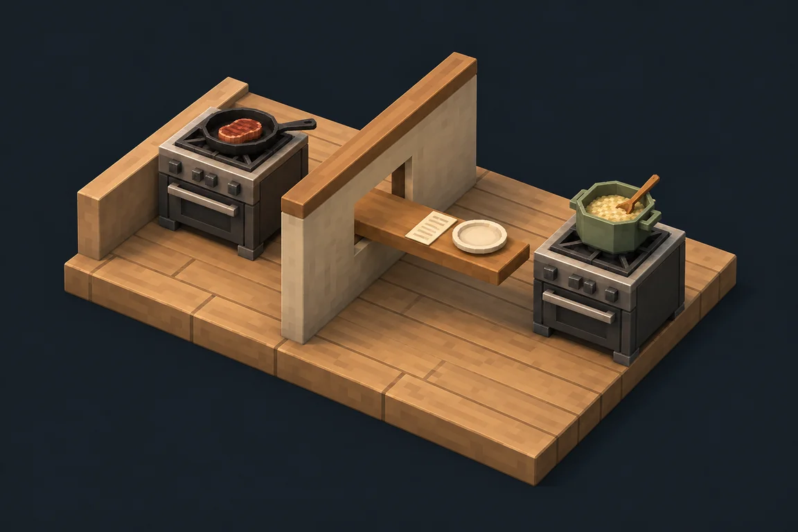 A steak pan on a stove and a risotto pot stay in separate kitchens. A ticket sits in the serving window between them.